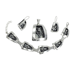 Piękny Srebrny Oksydowany Komplet Róża, z Różą !!!