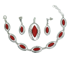 Piękny Srebrny Ażurowy Komplet z Jaspisem Koralowym !!!