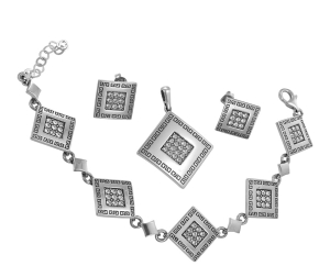 Piękny Srebrny Oksydowany Komplet Grecki Wzór z Cyrkoniami !