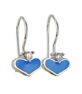 Srebrne Rodowane Kolczyki Niebieskie Serca,Serduszka z Cyrkonią na Biglu !